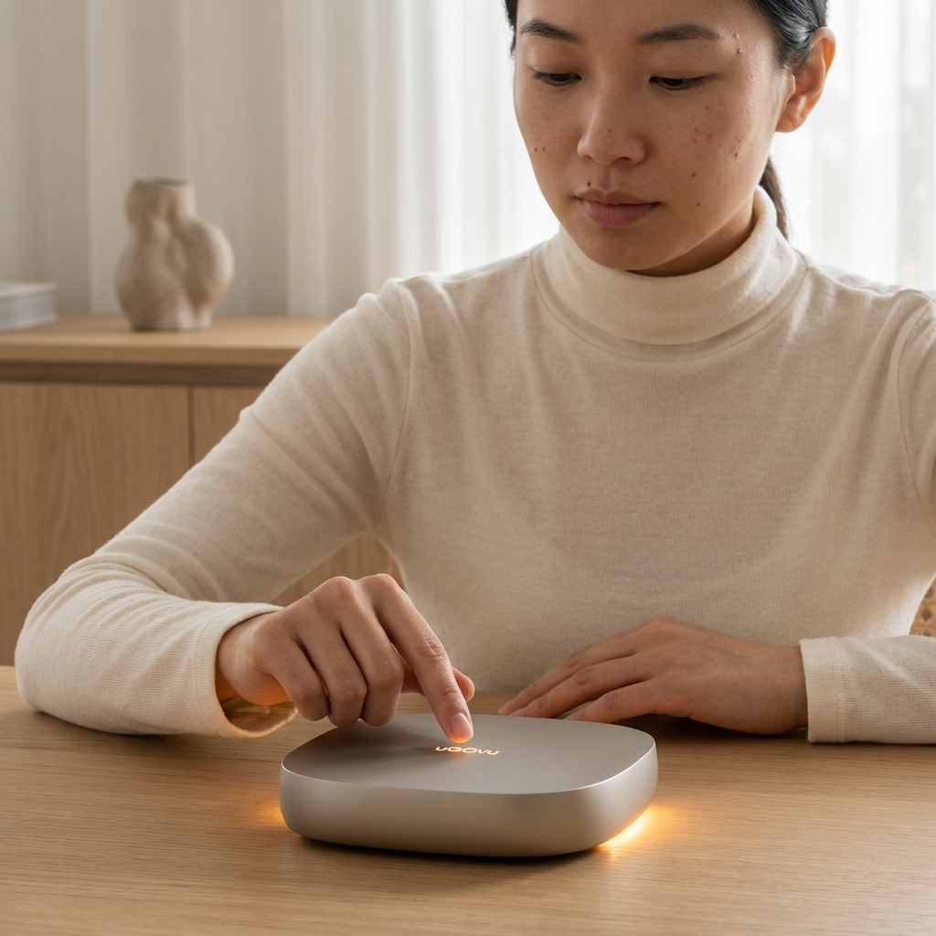 A woman tapping the champagne uGOvu Core on a wooden table as its amber light ring glows