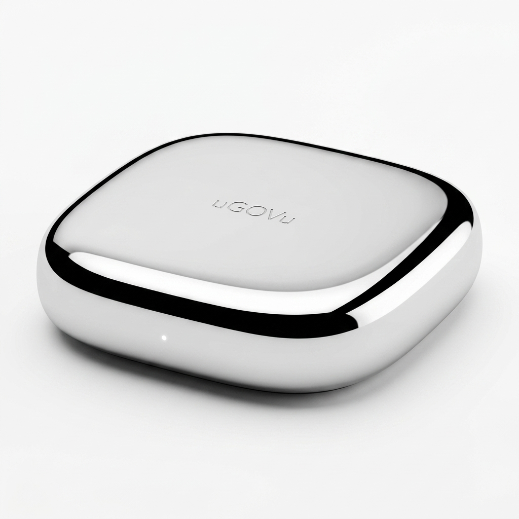 Polished mirror-finish uGOvu Core resting on a white surface with its status light lit