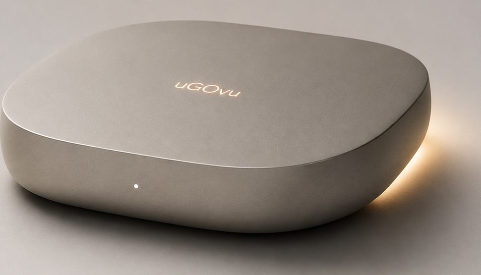 uGOvu Core, a rounded champagne aluminum pebble with a softly backlit logo