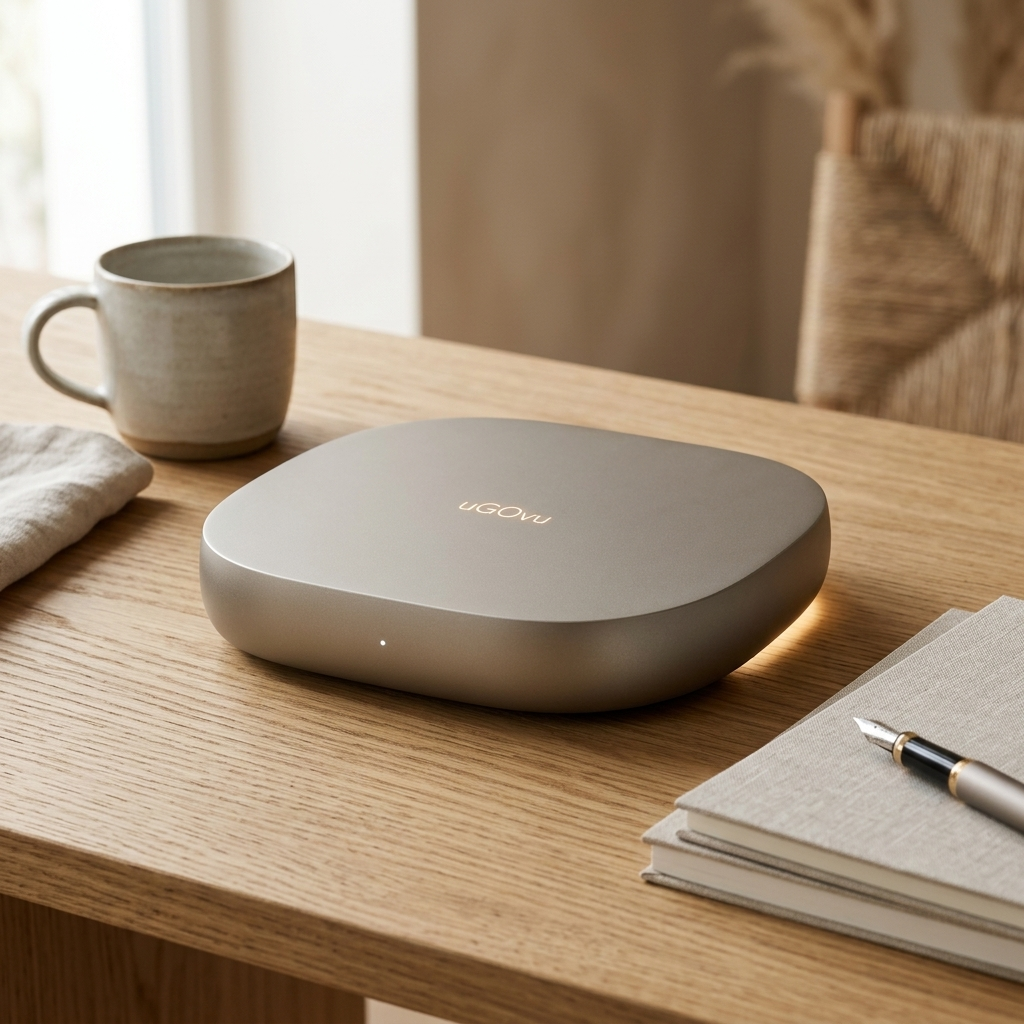 uGOvu Core in champagne aluminum resting on an oak desk beside a ceramic mug and notebooks