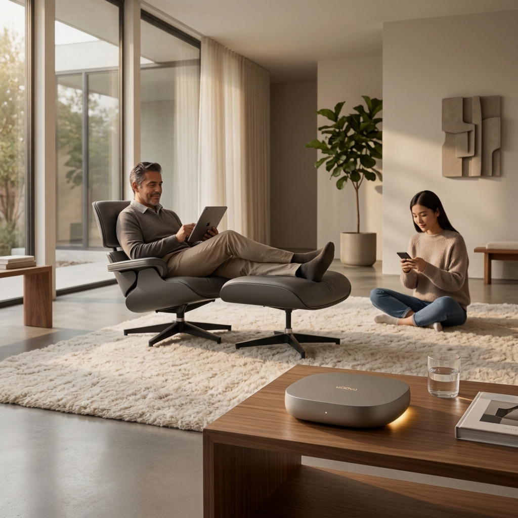 A family in a calm living room using a tablet and phone while the uGOvu node glows on the coffee table
